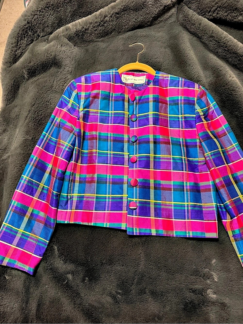 Vintage Evan-Picone Silk Plaid Cropped Jacket in Blue & Pink